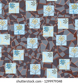 Seamless pattern. Consists of flowers drawn in squares.
The background consists of a marble texture. Editable.