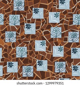 Seamless pattern. Consists of flowers drawn in squares.
The background consists of a marble texture. Editable.