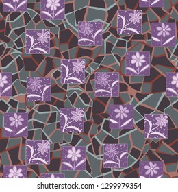 Seamless pattern. Consists of flowers drawn in squares.
The background consists of a marble texture. Editable.