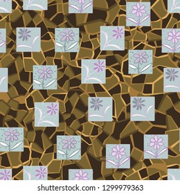Seamless pattern. Consists of flowers drawn in squares.
The background consists of a marble texture. Editable.