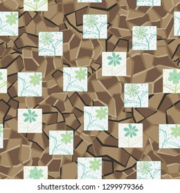Seamless pattern. Consists of flowers drawn in squares.
The background consists of a marble texture. Editable.