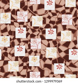 Seamless pattern. Consists of flowers drawn in squares.
The background consists of a marble texture. Editable.
