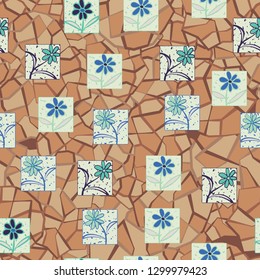Seamless pattern. Consists of flowers drawn in squares.
The background consists of a marble texture. Editable.