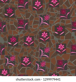 Seamless pattern. Consists of flowers drawn in squares.
The background consists of a marble texture. Editable.