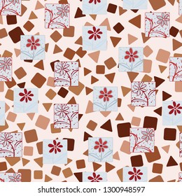Seamless pattern. Consists of flowers drawn in squares.
The background consists of chaos of squares and triangles. Editable.