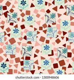 Seamless pattern. Consists of flowers drawn in squares.
The background consists of chaos of squares and triangles. Editable.