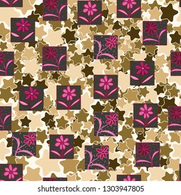 Seamless pattern. Consists of flowers drawn in squares.
The background consists of rounded five-pointed stars. Editable.