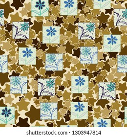 Seamless pattern. Consists of flowers drawn in squares.
The background consists of rounded five-pointed stars. Editable.