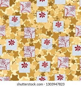 Seamless pattern. Consists of flowers drawn in squares.
The background consists of rounded five-pointed stars. Editable.
