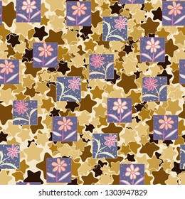 Seamless pattern. Consists of flowers drawn in squares.
The background consists of rounded five-pointed stars. Editable.