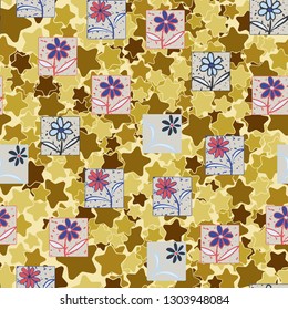 Seamless pattern. Consists of flowers drawn in squares.
The background consists of rounded five-pointed stars. Editable.