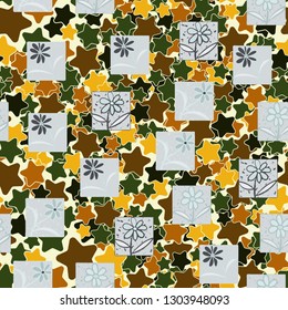 Seamless pattern. Consists of flowers drawn in squares.
The background consists of rounded five-pointed stars. Editable.