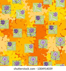 Seamless pattern. Consists of flowers drawn in squares.
The background consists of branched blots. Editable.