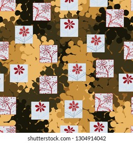 Seamless pattern. Consists of flowers drawn in squares.
The background consists of branched blots. Editable.