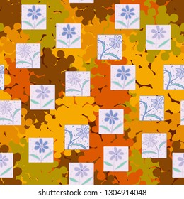 Seamless pattern. Consists of flowers drawn in squares.
The background consists of branched blots. Editable.