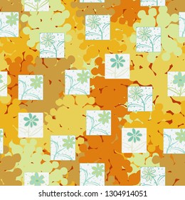 Seamless pattern. Consists of flowers drawn in squares.
The background consists of branched blots. Editable.