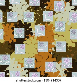 Seamless pattern. Consists of flowers drawn in squares.
The background consists of branched blots. Editable.