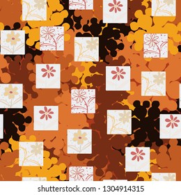 Seamless pattern. Consists of flowers drawn in squares.
The background consists of branched blots. Editable.