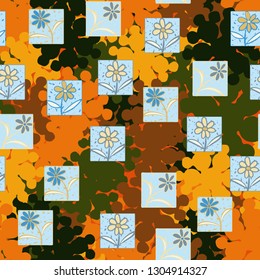 Seamless pattern. Consists of flowers drawn in squares.
The background consists of branched blots. Editable.