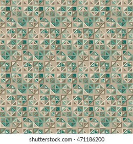 Seamless pattern. It consists of geometric elements of a triangular shape with a different color. The background has a tan color. Useful as design element for texture and artistic compositions.