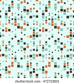 Seamless pattern. It consists of geometric elements having a square shape, different size and color. On a light green background. Useful as design element for texture and artistic compositions.