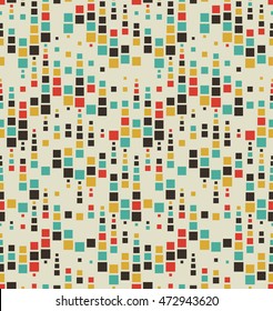 Seamless pattern. It consists of geometric elements having a square shape, different size and color. On a light yellow background. Useful as design element for texture and artistic compositions.
