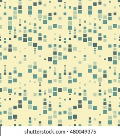 Seamless pattern. It consists of geometric elements having a square shape, different size and color. On a light yellow background. Useful as design element for texture and artistic compositions.