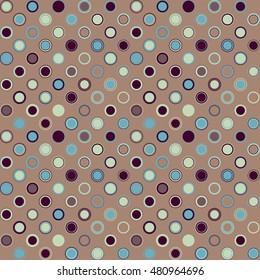 Seamless pattern. Consists of geometric elements having a circular shape and different color, located on brown background. Useful as design element for texture and artistic compositions.