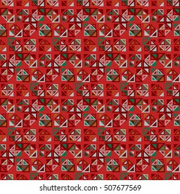 Seamless pattern. Consists of geometric elements having a triangular shape. The background has red color. Useful as design element for texture and artistic compositions.