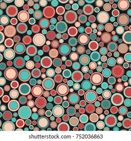 Seamless pattern. Consists of geometric elements arranged on a dark background. The elements have round shape, different color and size.