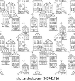 Seamless  pattern consists from hand-drawn facades of houses with architectural elements. Old city.Background in vector.