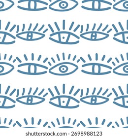El patrón sin fisuras consiste en gráficos dibujados a mano. El garabato. "Ojos", un símbolo del mal, la magia y el mal de ojo, resaltado sobre un fondo blanco. 