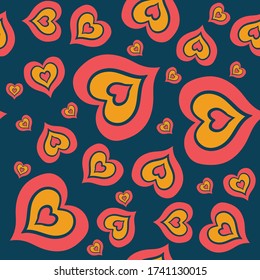 The seamless pattern consists of a multitude of red and orange hearts embedded in each other on a dark blue backgroundю Love energy in doodle style. Simple decorative design elements. Book page or
