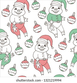 seamless pattern consists of pigs and Christmas balls
