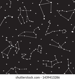 Seamless pattern with constellation stars, for horoscope, decoration. Suitable for children, kids, babies. Astrological signs on background. Symbols of zodiac on dark background.
