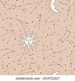 Seamless pattern with constellations and  antique sun and moon symbols with faces. Vector black and white illustration.