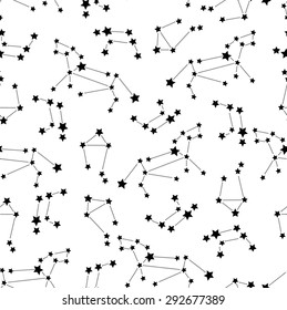 Seamless pattern with constellations of Leo, Libra, raven on white background. Black and white stars sky illustration. 