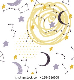 Seamless pattern with constellations and moon. Sweet dreams.