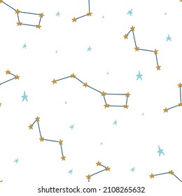 Seamless pattern with constellations on a white background. Cute cartoon-style vector illustration with stars for your design.