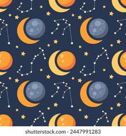 Seamless pattern, constellations, planet and solar eclipse Moon. Background for children, scrapbooking, children's room. Vector