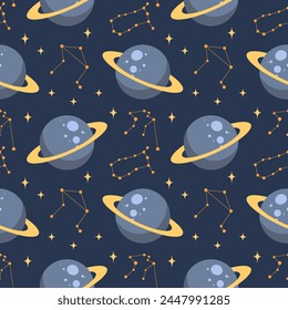 Seamless pattern, constellations, planet and solar eclipse Moon. Background for children, scrapbooking, children's room. Vector