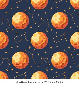 Seamless pattern, constellations, planet and solar eclipse Moon. Background for children, scrapbooking, children's room. Vector