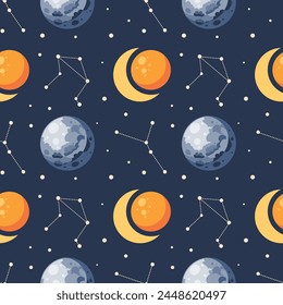 Seamless pattern, constellations, planet and solar eclipse Moon. Background for children, scrapbooking, children's room. Vector	
