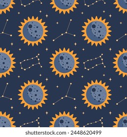 Seamless pattern, constellations, planet and solar eclipse Moon. Background for children, scrapbooking, children's room. Vector	
