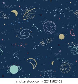 Seamless pattern constellations, planet and star sky. Vector illustration, Galaxy Background. Kids collection. Design for kids fashion, textile, background, wallpaper