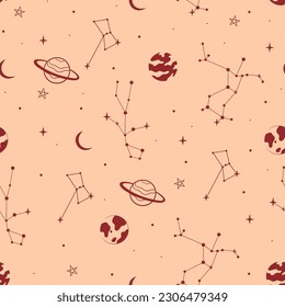 Seamless pattern with constellations, planets and moons on a beige background. Vector graphics.