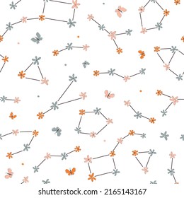 Seamless pattern with constellations of the starry sky. Floral dream romantic print with butterflies. Vector graphics.