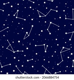 Seamless pattern with constellations and stars on dark background, galaxy themed ornament for wrapping paper or textile