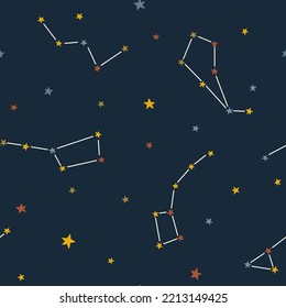 Seamless pattern with constellations and stars on a dark background