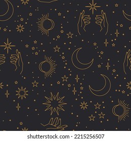 Seamless pattern with constellations. Sun, moon, magic hands and stars. Mystical esoteric background for design. Astrology magical vector.